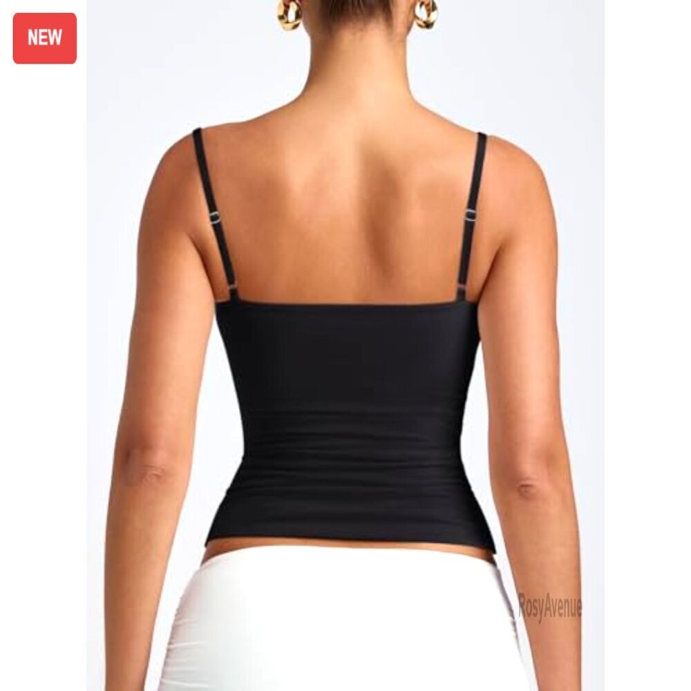 Double Lined Scoop Neck Tank Top Adjustable Spaghetti Strap Camisole Slim Fit - Picture 5 of 7